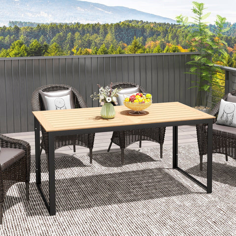 Outsunny Garden Table for 6 People, 160 x 80 x 75 cm Rectangle Outdoor Dining Table with Slatted Table Top, Metal Frame, for Balcony, Deck, Teak