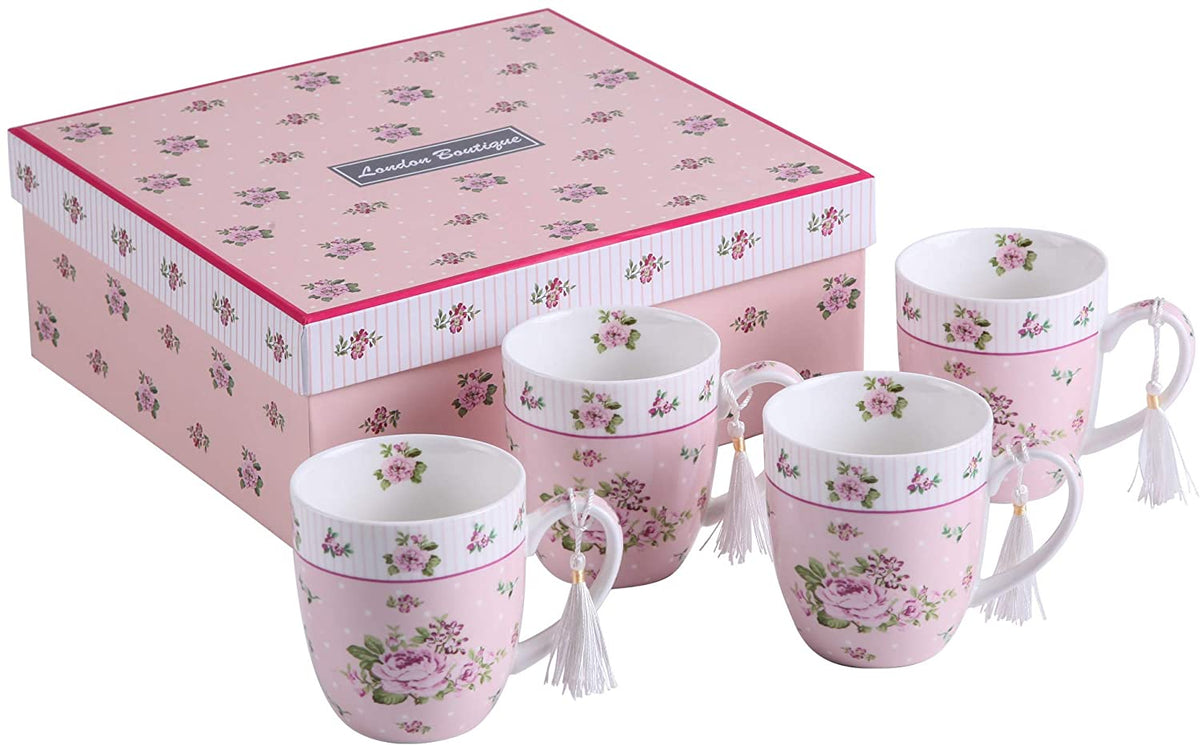Cups Mugs Set 4 Fine China Shabby Chic Vintage Retro Design in Gift Box 330ML (Rose Pink)