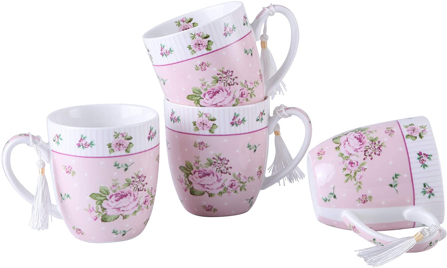 Cups Mugs Set 4 Fine China Shabby Chic Vintage Retro Design in Gift Box 330ML (Rose Pink)