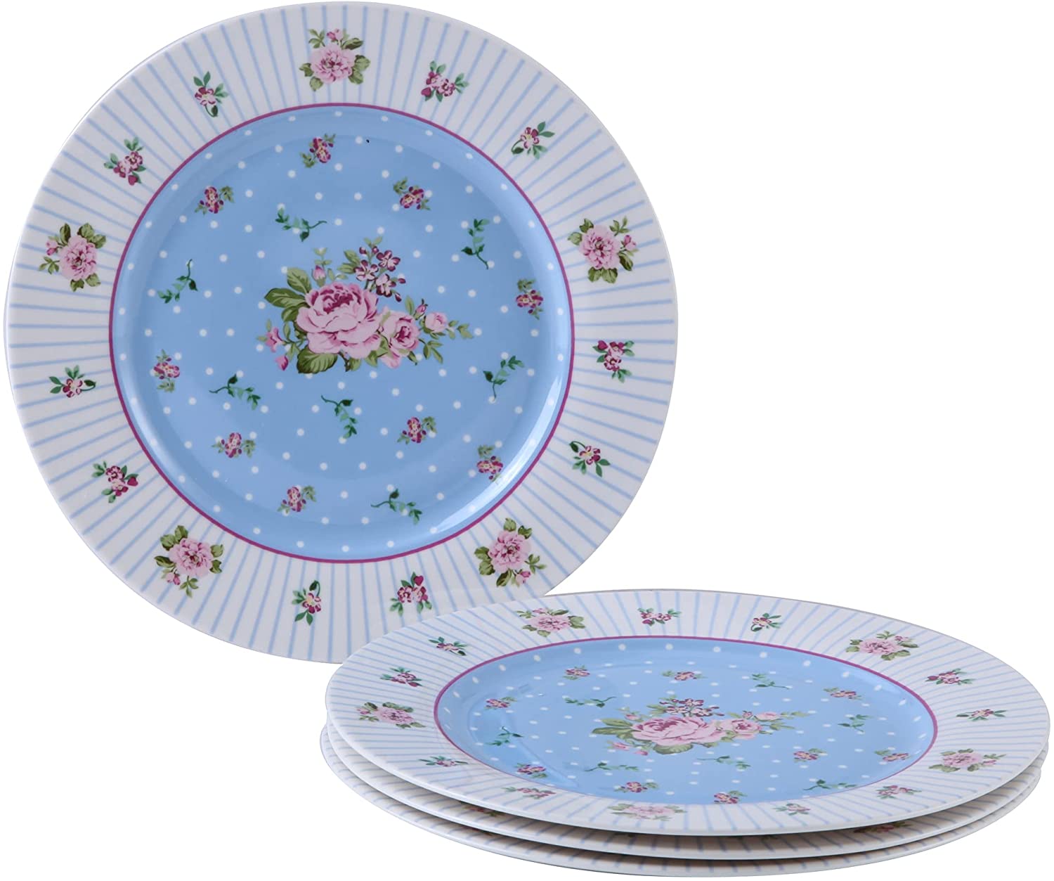 London Boutique Cake Plate Set 4 Porcelain Fine China Wide Rimmed Shabby Chic (Rose Blue)