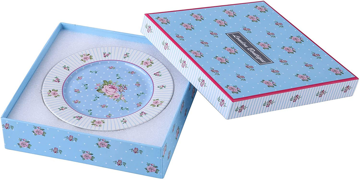 London Boutique Cake Plate Set 4 Porcelain Fine China Wide Rimmed Shabby Chic (Rose Blue)