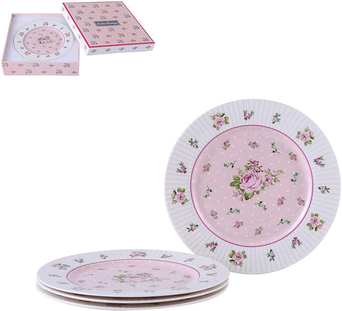 London Boutique Cake Plate Set 4 Porcelain Fine China Wide Rimmed Shabby Chic (Rose Pink)