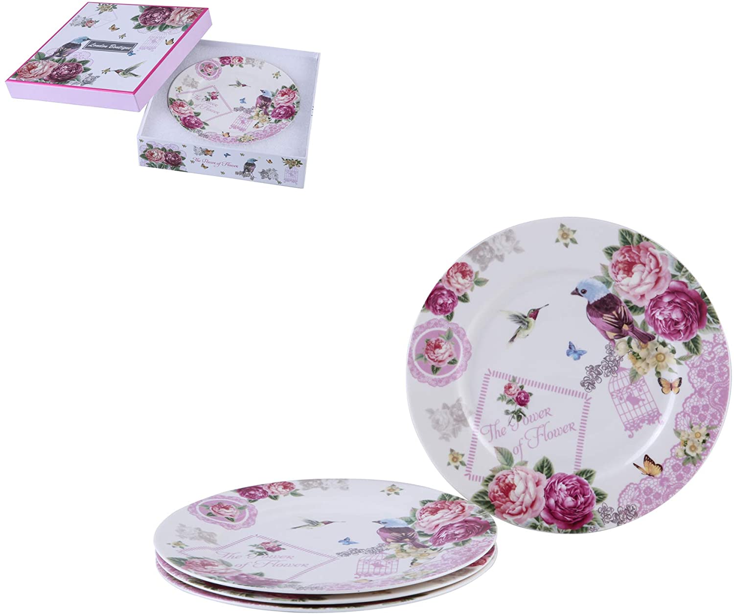 London Boutique Cake Plate Set 4 Porcelain Fine China Wide Rimmed Shabby Chic (Bird Rose Butterfly)