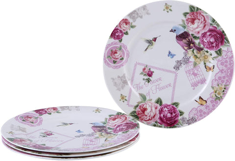 Porcelain Fine China Soup Pasta Bowls Wide Rimmed Set 4 Gift Box 9 inch 23cm (Bird Rose Butterfly)