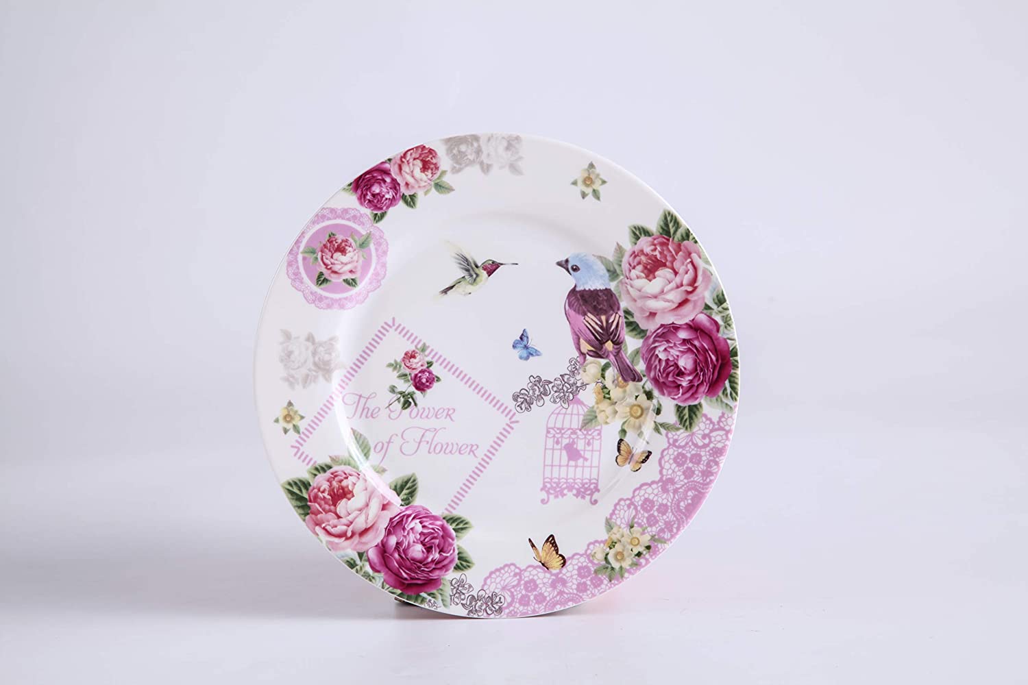 London Boutique Cake Plate Set 4 Porcelain Fine China Wide Rimmed Shabby Chic (Bird Rose Butterfly)