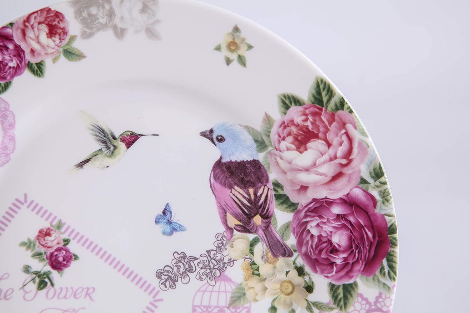 London Boutique Cake Plate Set 4 Porcelain Fine China Wide Rimmed Shabby Chic (Bird Rose Butterfly)