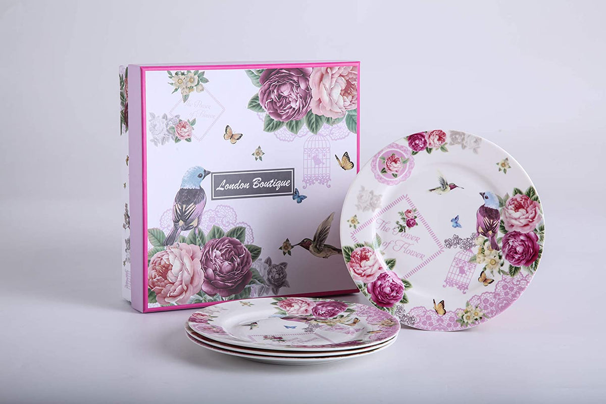 Porcelain Fine China Soup Pasta Bowls Wide Rimmed Set 4 Gift Box 9 inch 23cm (Bird Rose Butterfly)