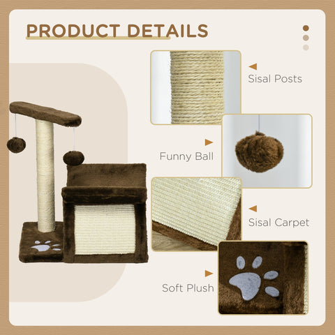 PawHut Cat Tree, Cat Tower for Kittens, Small Cat Condo with Rotatable Top Bar, Sisal Scratching Post, Tunnel, Dangling Balls - Brown