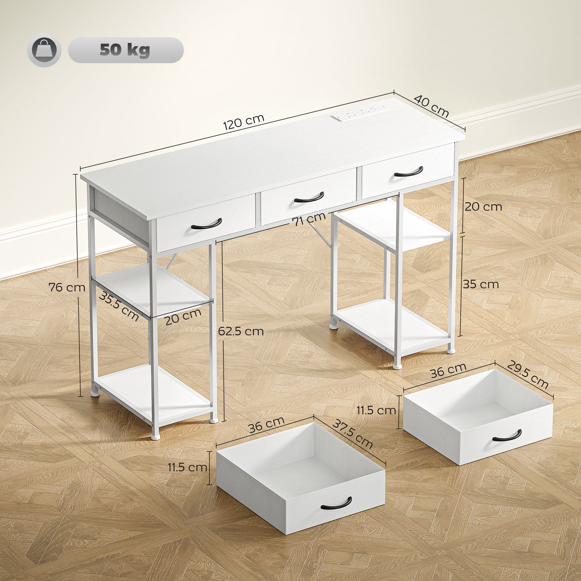HOMCOM 120cm Computer Desk with Power Outlets, Office Desk Study Table with 3 Fabric Drawers and 4 Storage Shelves, White
