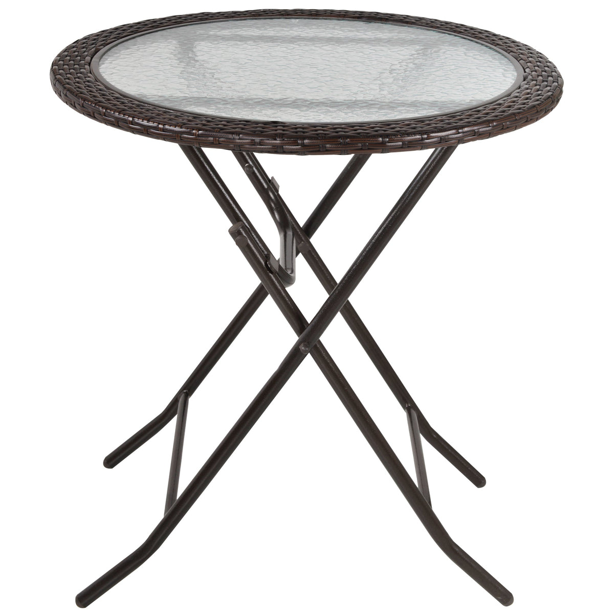 Outsunny Folding Rattan Garden Dining Table, 68 cm Round Rattan Garden Table with Water Ripple Tempered Glass Top, Wicker Edging  and Steel Frame for Outdoor, Patio, Brown