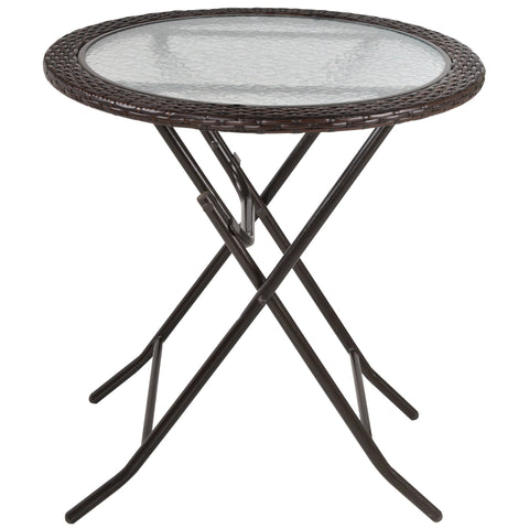 Outsunny Folding Rattan Garden Dining Table, 68 cm Round Rattan Garden Table with Water Ripple Tempered Glass Top, Wicker Edging  and Steel Frame for Outdoor, Patio, Brown