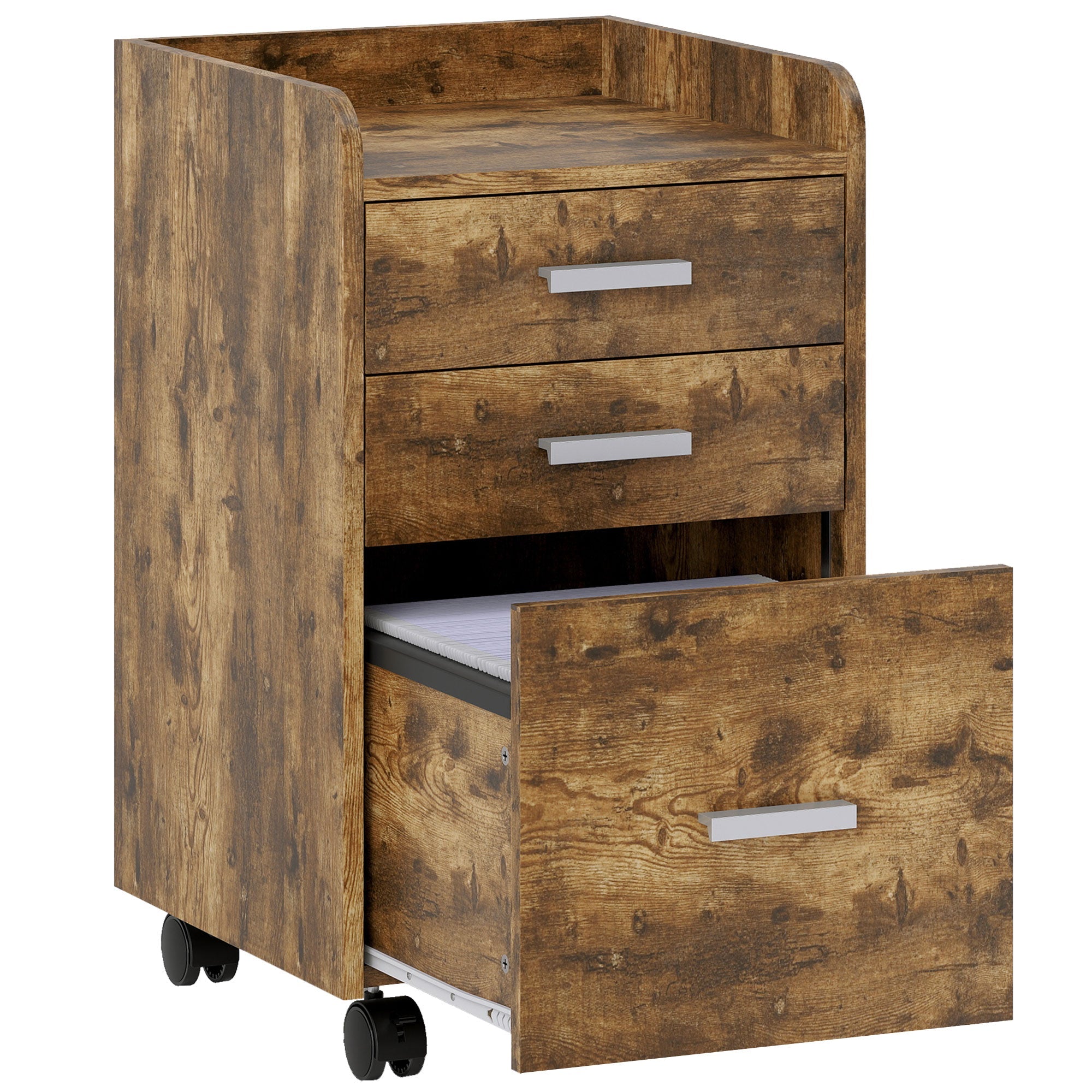 HOMCOM 3 Drawer Filing Cabinet, Rolling File Cabinet with Edged Top for Letter, A4 Size, Hanging File Folders, Rustic Brown