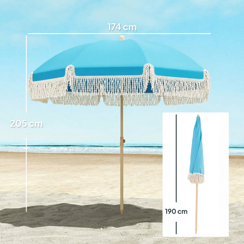 Outsunny 1.7 m Beach Umbrella with Sand Anchor, 30° Tilting Fringed Beach Garden Parasol with Adjustable Height, Grey