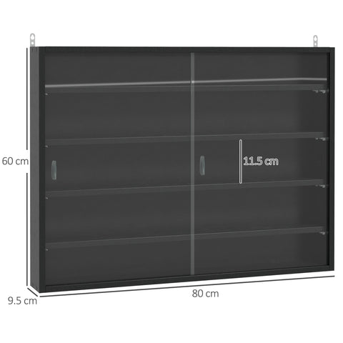 HOMCOM 5-Tier Wall Display Shelf Unit Cabinet w/ 4 Adjustable Shelves Glass Doors Home Office Ornaments 60x80cm Black