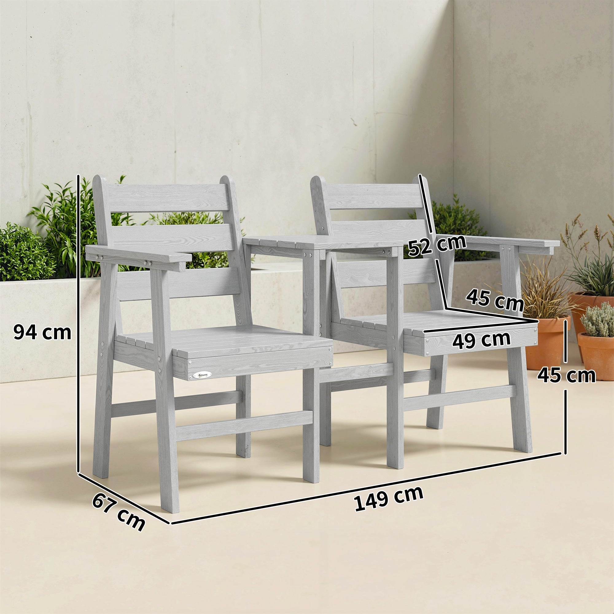 Outsunny Outdoor Garden Loveseat, Embossed Wooden Jack and Jill Garden Seat with Integrated Table, Grey