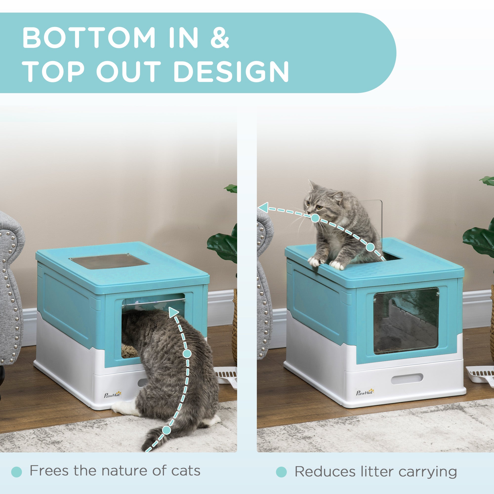 PawHut Hooded Cat Litter Box, Portable Pet Toilet, with Scoop, Front Entry - Light Blue