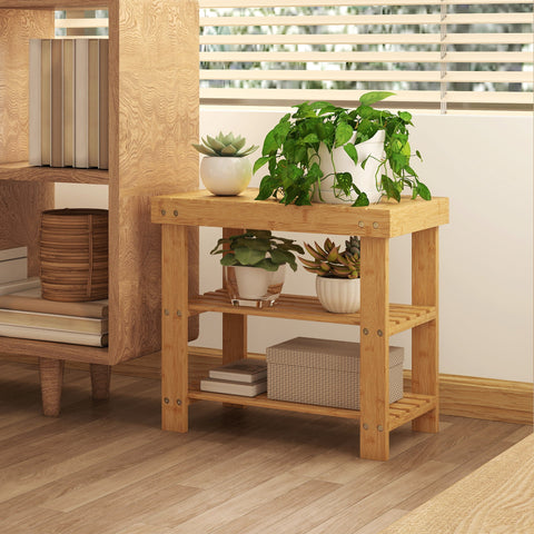 HOMCOM Two Shelf Bamboo Shoe Storage Bench - Natural Finish