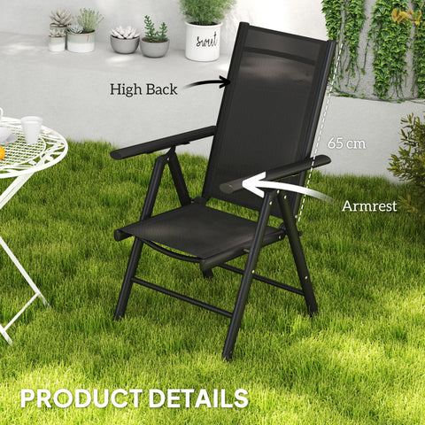 Outsunny Set of 2 Folding Chair, Aluminium Frame Outdoor Camping Chairs with Breathable Mesh Back and Seat, Garden Chair Set with Armrests for Balcony, Black