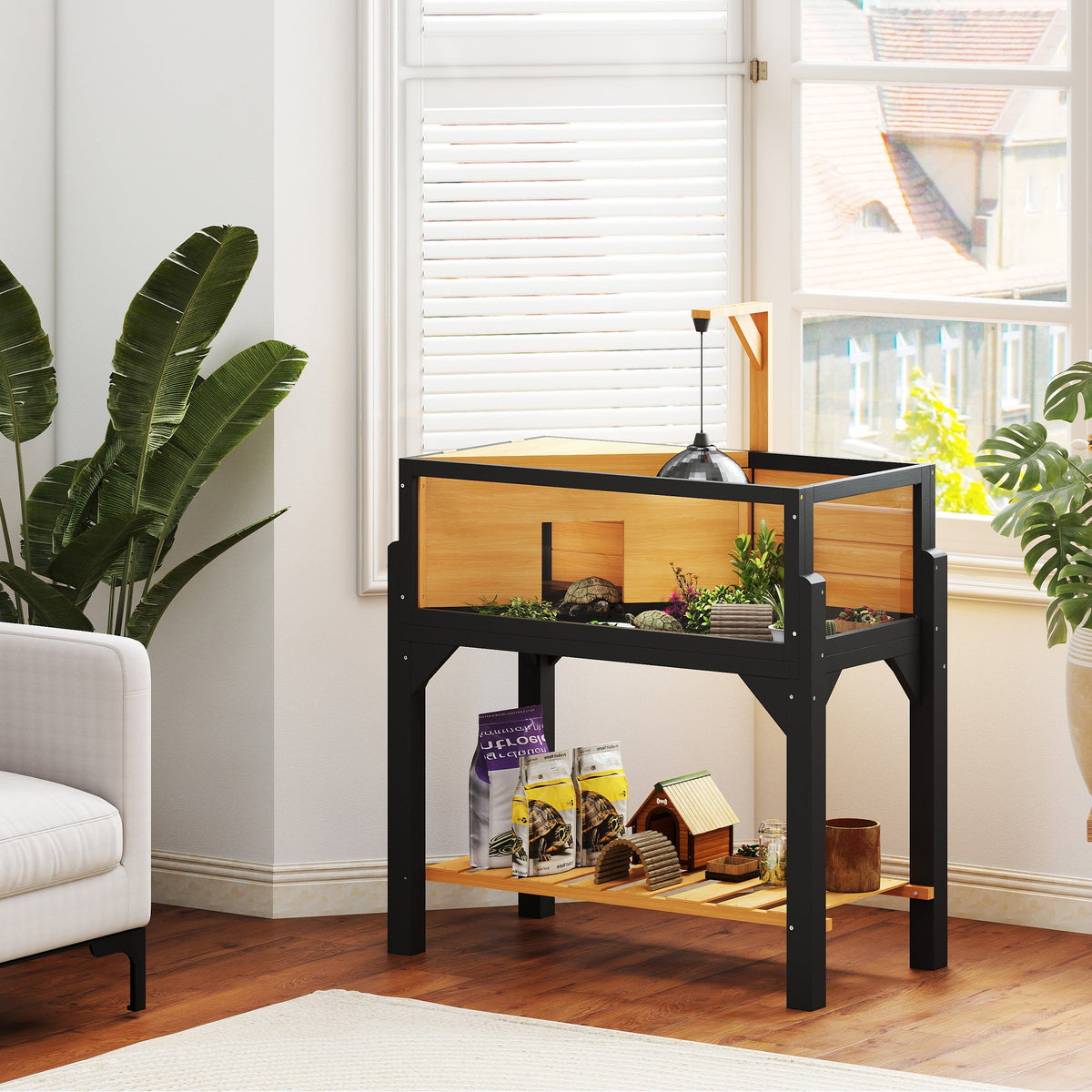 PawHut Wooden Tortoise House with Storage Shelf, Clear Observation Windows, Lamp Holder, Openable Top, Built-in Tray, Yellow