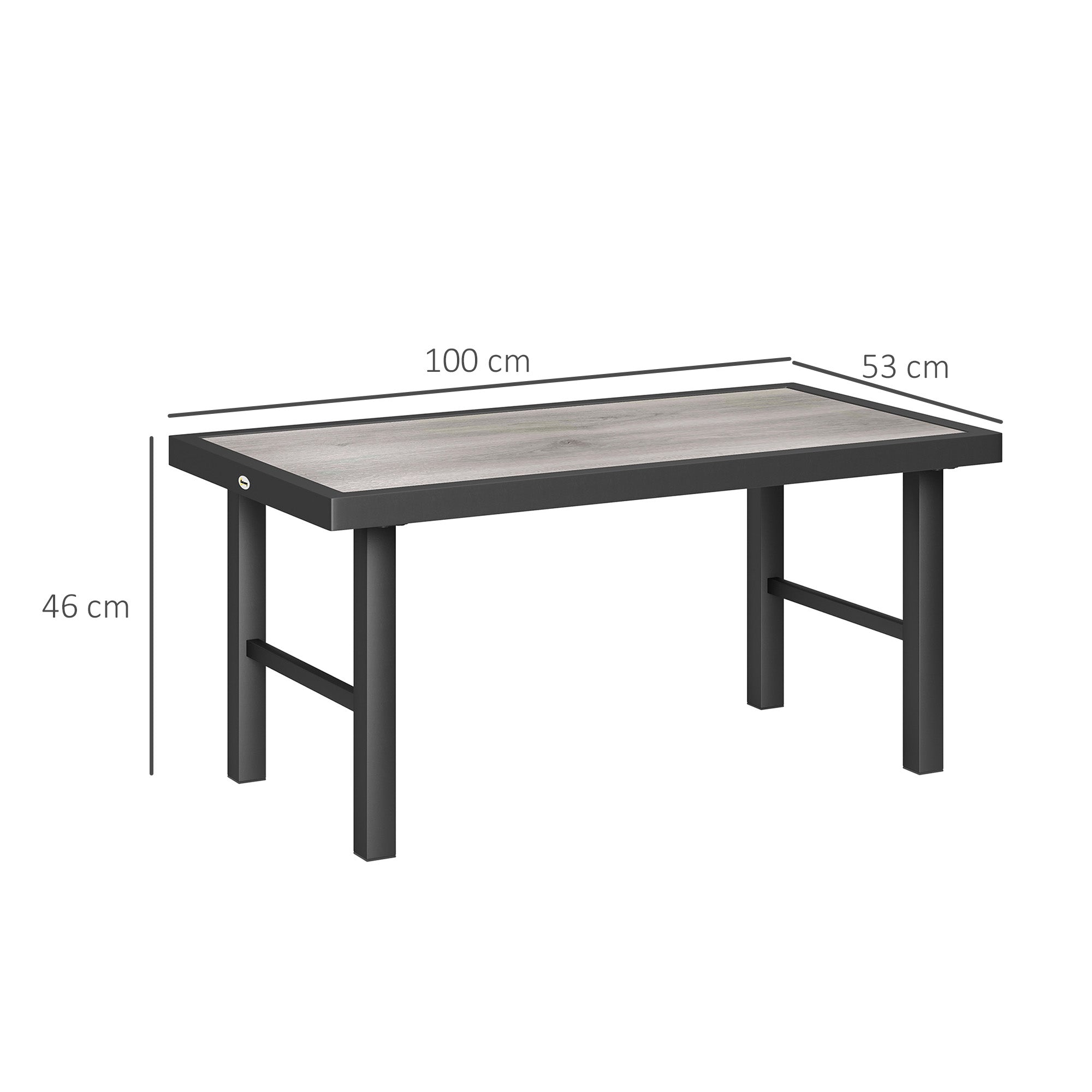 Outsunny Metal Garden Coffee Table, Outdoor Side Table with SPC Woodgrain Tabletop for Outside, Garden, Balcony, Porch, 100 x 53 x 46cm, Grey Wood Effect