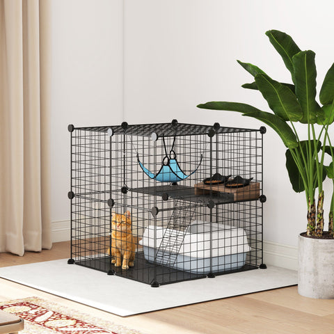 PawHut Indoor Cat Cage DIY Customizable 2-Tier Indoor Cat Enclosure with 2 Doors and Hammock 70 cm Black