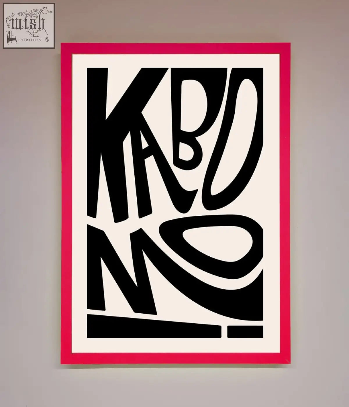 A bold black and white abstract kaboom framed print with vibrant pink frame and dynamic kabo no lettering