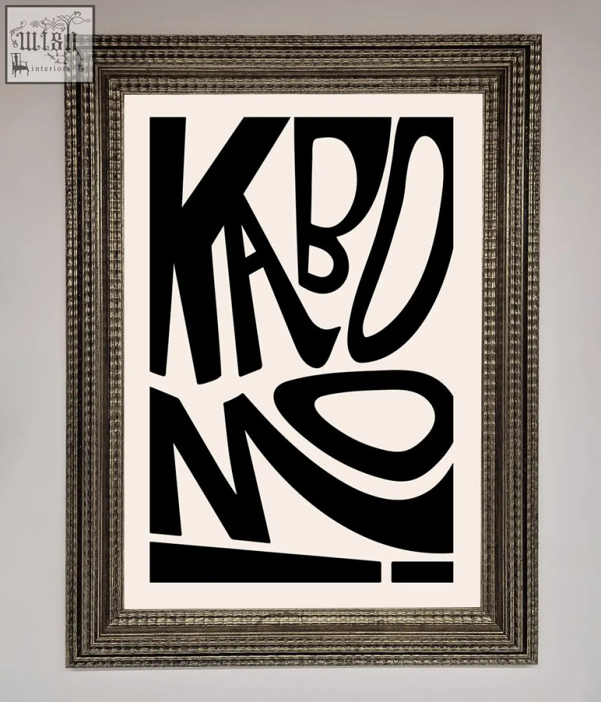 A kaboom framed print featuring bold black and white abstract typography in a modern design