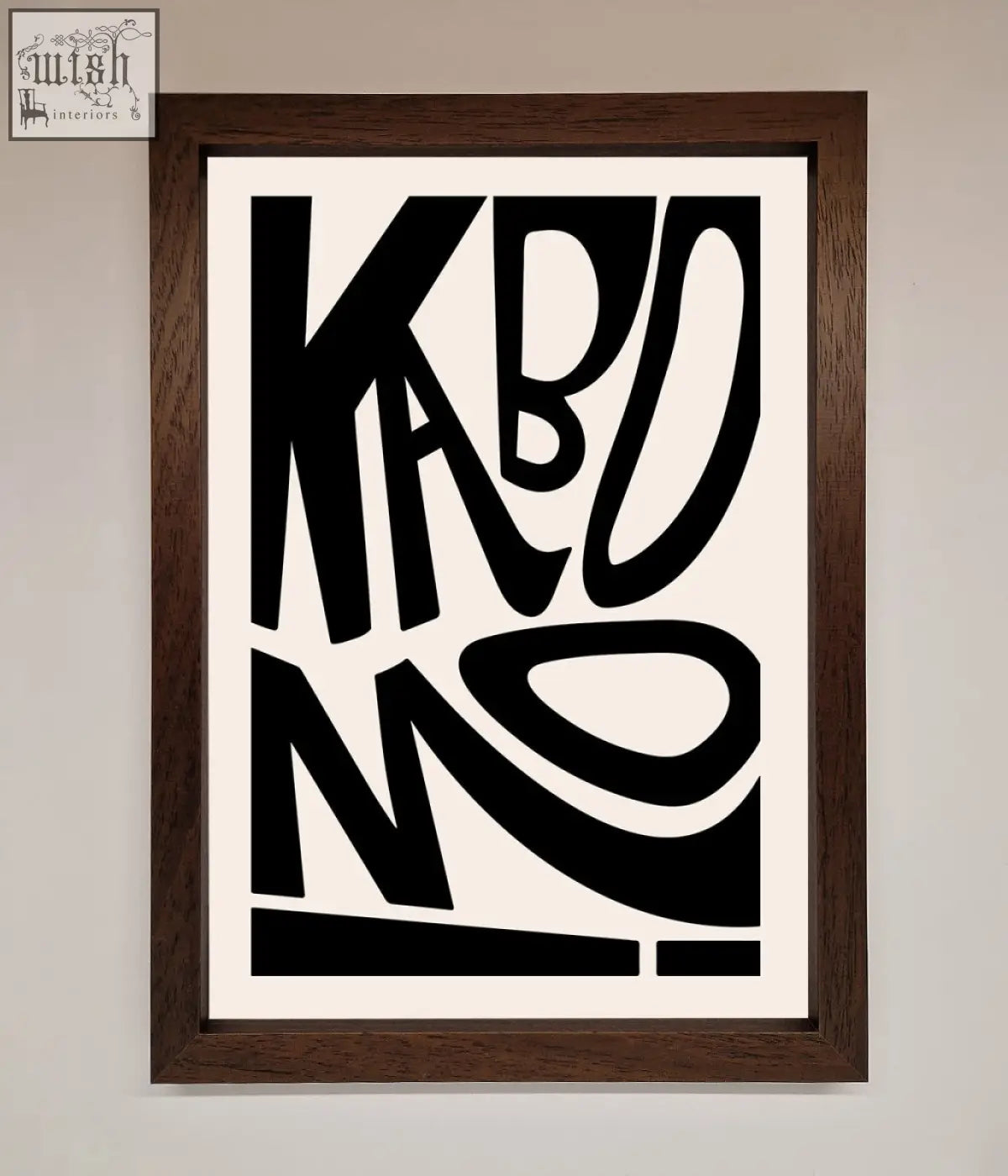 Kaboom framed print featuring black abstract typography art in a dark wood framed print perfect for wall decor