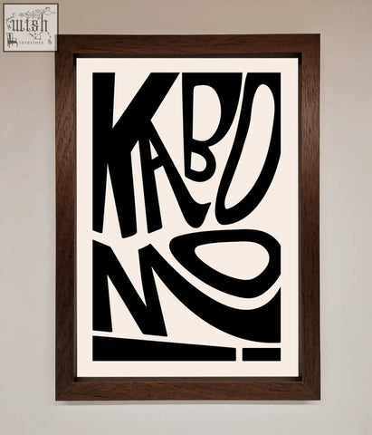 Kaboom framed print featuring black abstract typography art in a dark wood framed print perfect for wall decor