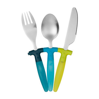 Kai childrens 3 piece blue and yellow cutlery set with brightly colored plastic handles and stainless steel blades and bowls