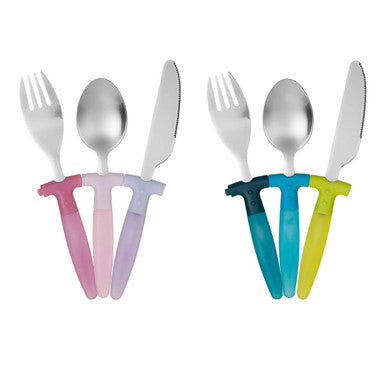 Kai childrens 3 piece blue and yellow cutlery set with colorful plastic handles and stainless steel blades