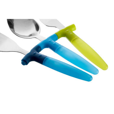Kai childrens 3 piece blue and yellow cutlery set with colorful silicone handles and metallic blades for kids use