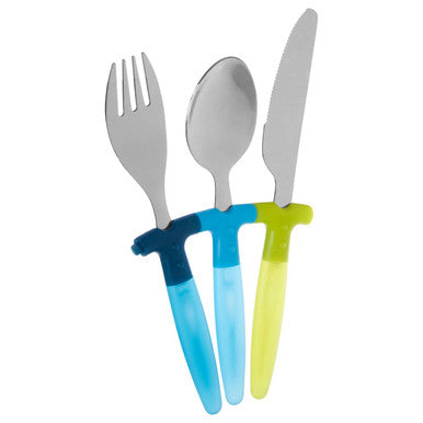 Kai childrens 3 piece blue and yellow cutlery set with colorful plastic handles and stainless steel blades for kids