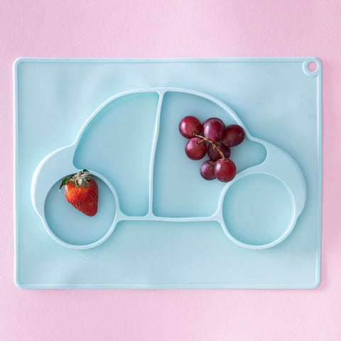 Light blue kai silicone divided food plate shaped like a car with divided compartments for baby fruit feeding