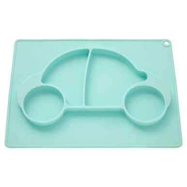 A mint green kai silicone divided car-shaped silicone divided food plate with three compartments for babies