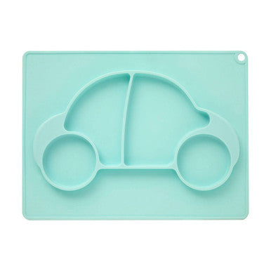 A mint green kai silicone divided car shaped silicone divided food plate with three compartments for kids meals