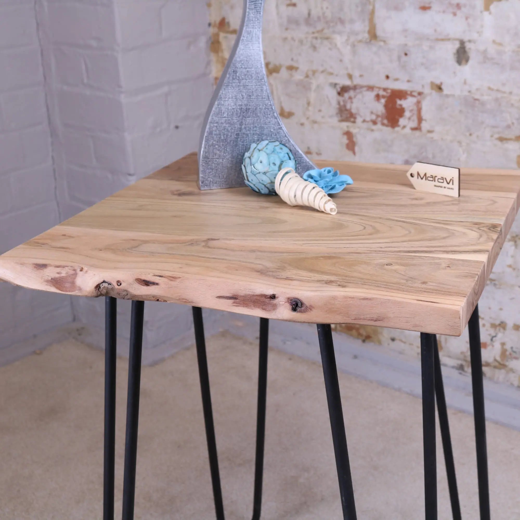 Kalan live edge wooden table with rustic light wood top and black hairpin legs perfect for side use