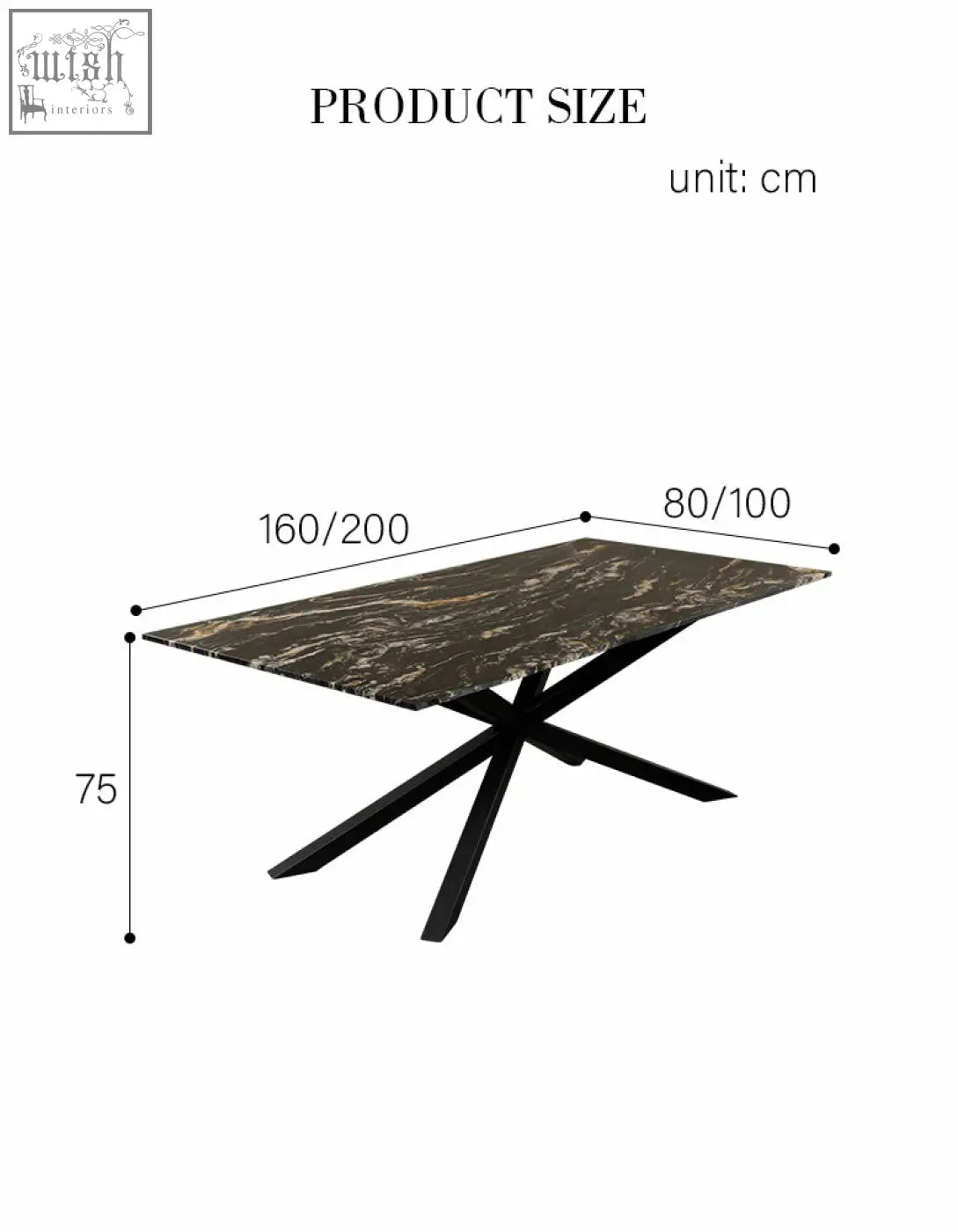 Kamara dining table with dark marble dining top and sleek black metal x-shaped legs for modern dining spaces