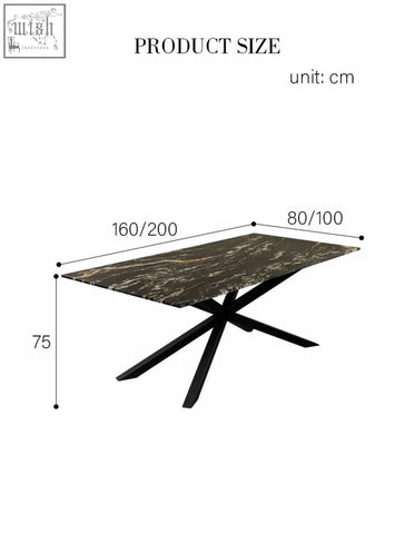 Kamara dining table with dark marble dining top and sleek black metal x-shaped legs for modern dining spaces