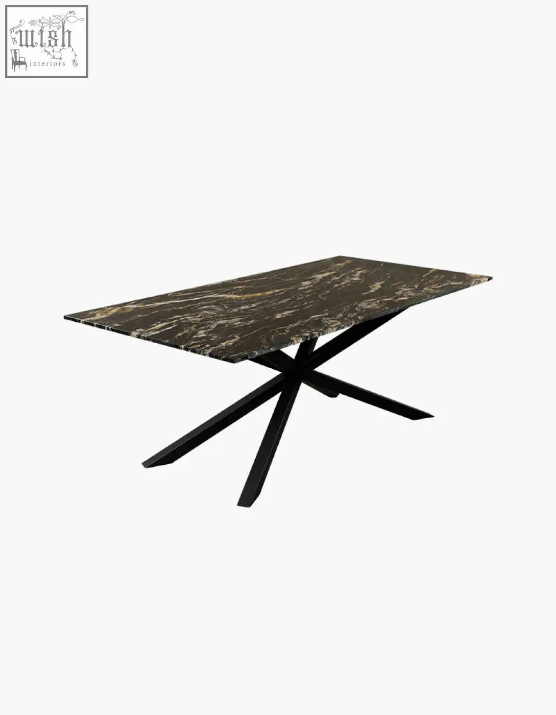 Kamara dining table with dark green marble dining top and gold veins on sleek black metal x-shaped legs