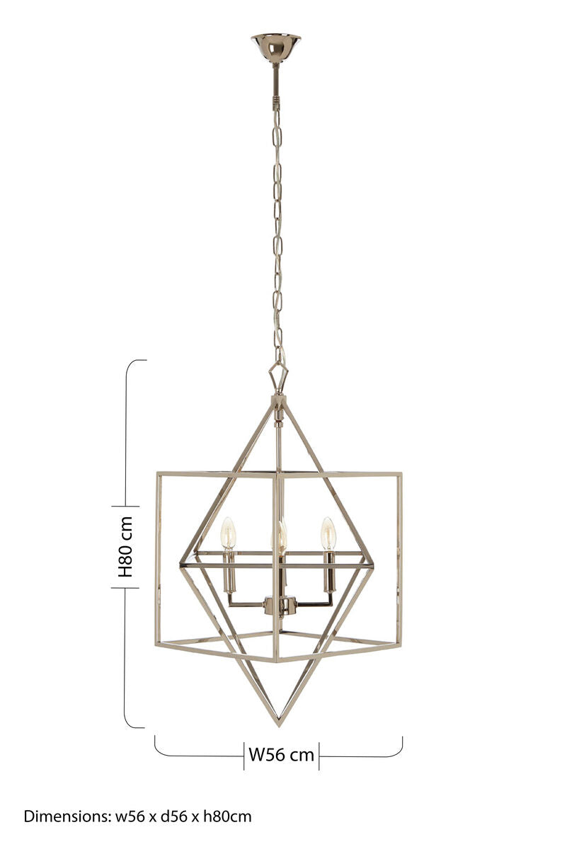 Kamara square design modern geometric square design chandelier with brushed nickel diamond frame and three exposed bulbs