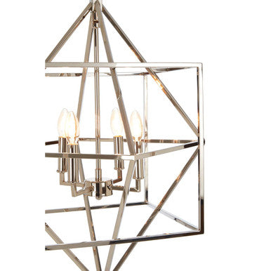 A modern kamara square design chandelier with polished chrome finish and multiple exposed bulbs in a square design