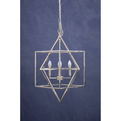 Silver geometric kamara square design chandelier with distressed metallic finish and three exposed bulbs