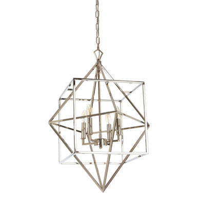Silver kamara square design chandelier with geometric open-frame and multiple exposed bulbs in square design chandelier style