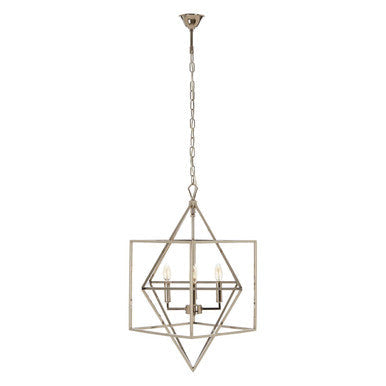 Silver geometric kamara square design chandelier with modern faceted design and four exposed bulbs