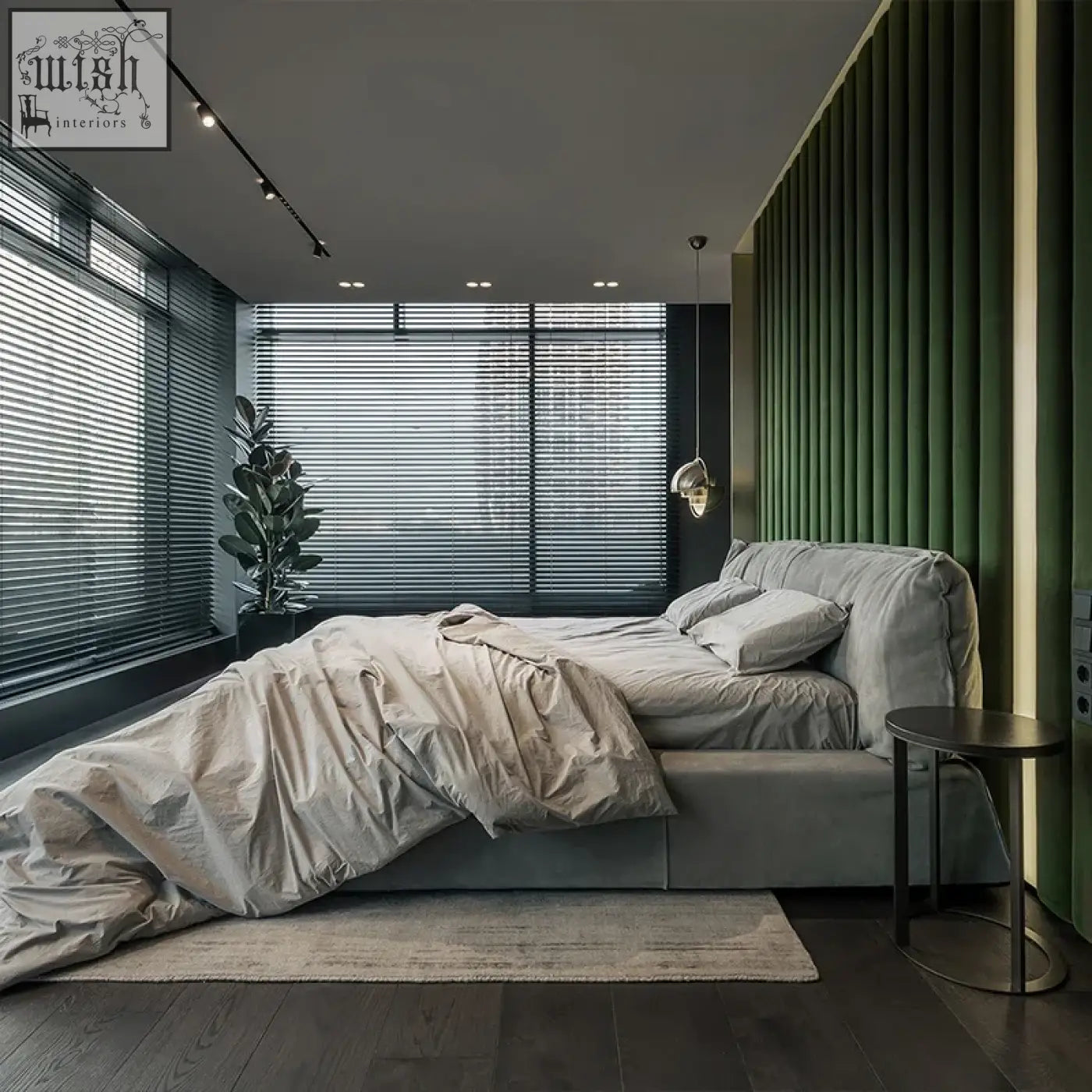 Modern gray kamoto bed with plush upholstery sturdy frame and rumpled beige duvet for cozy comfort