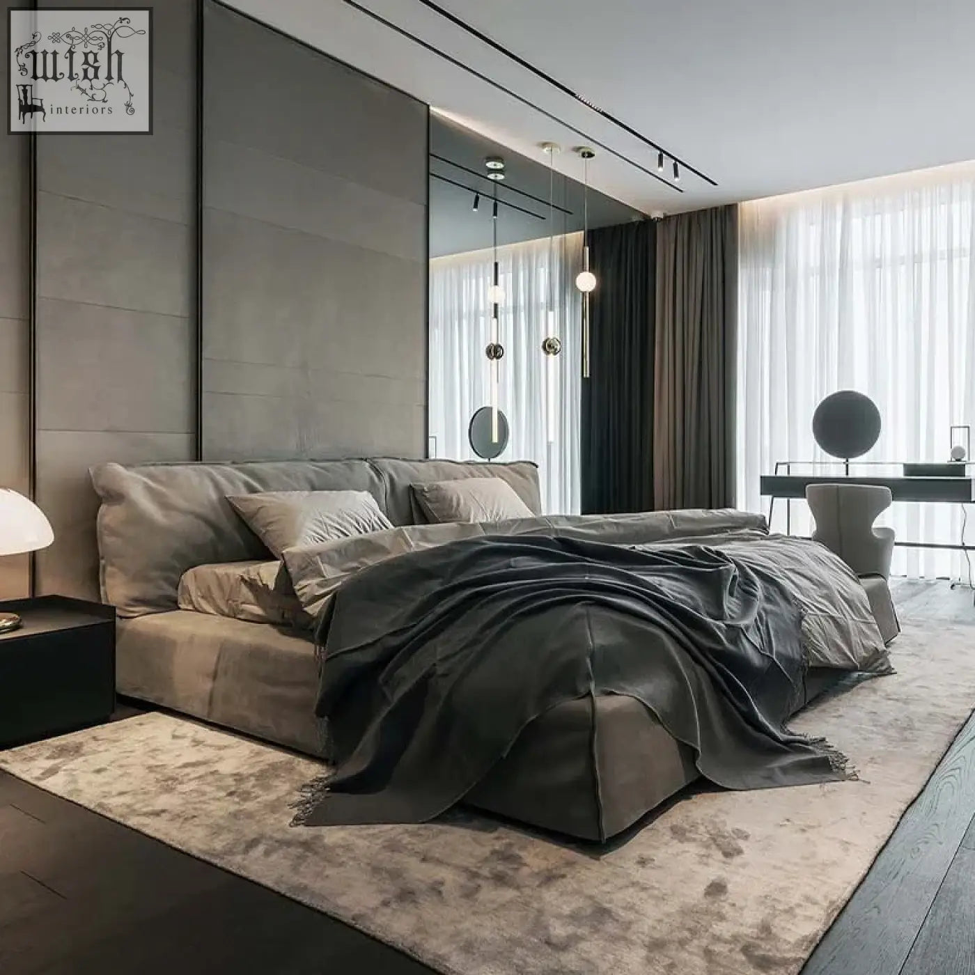 Modern gray kamoto bed with plush upholstery and a sturdy frame featuring sleek minimalist design and matching bedding