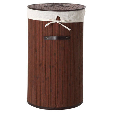 Brown bamboo laundry hamper kankyo dark brown round with white fabric lining and tied bow at the top