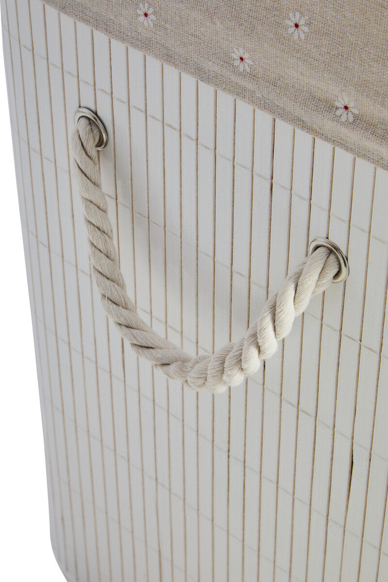 White square kankyo laundry hamper made of white bamboo with beige floral fabric lid and twisted rope handle