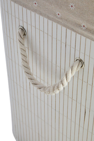 White square kankyo laundry hamper made of white bamboo with beige floral fabric lid and twisted rope handle